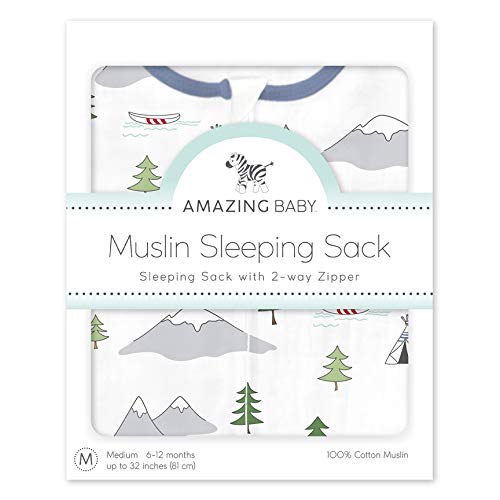 Amazing Baby Cotton Muslin Sleeping Sack, For Baby Boy or Girl, Wearable Blanket with 2-way Zipper, Outdoor Adventure, Denim, Large (12-18 Month)