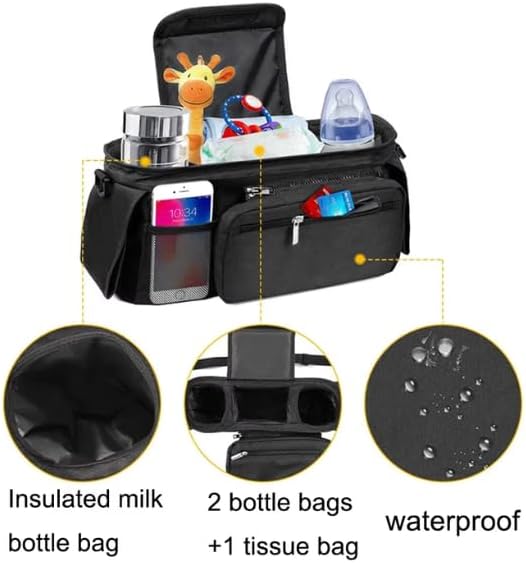 Universal Stroller Organizer with Insulated Cup Holder, Detachable Phone Bag, Shoulder Strap – Fits All Stroller Types, Keeps Drinks Hot/Cold (Black)