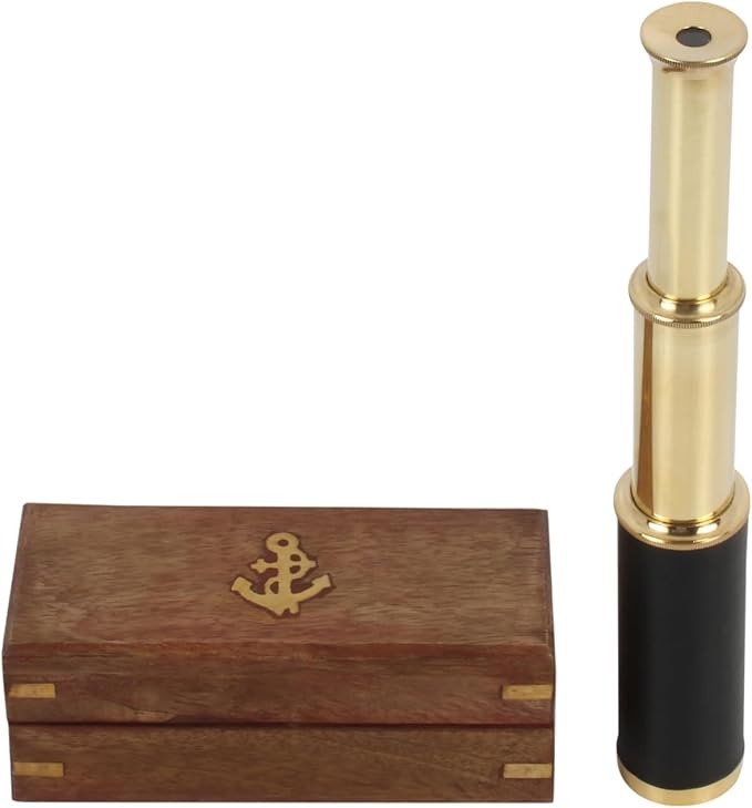 9" Pirate Telescope Handheld Brass Telescope Nautical Spyglass Monucular with Wooden Box