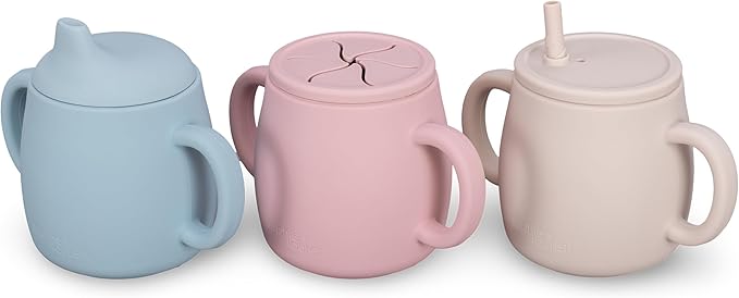 4-in-1 Silicone Sippy Cup with Snack and Straw Lid 6oz | Transition Training Cup for 6+ months to Toddler (Beige)