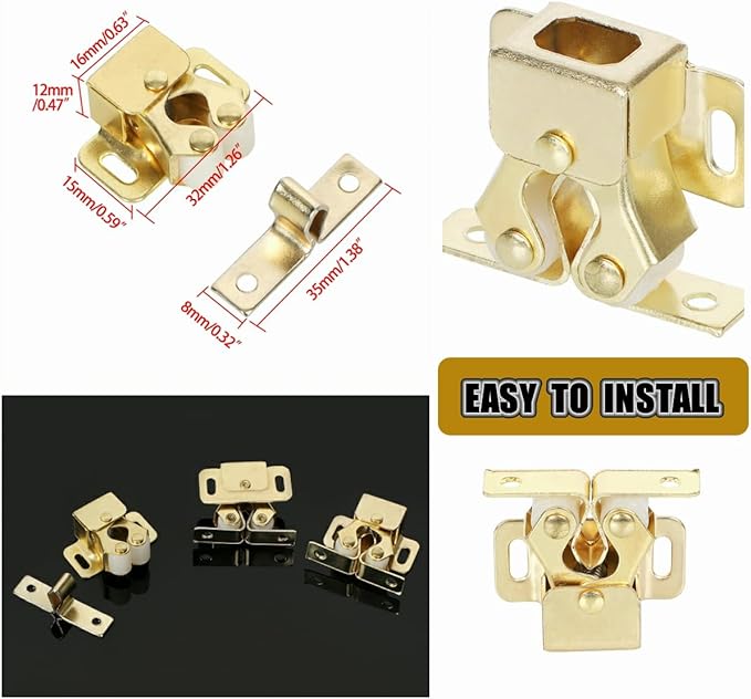 Alise Cabinet Door Latch,Cupboard Closet Doors Catch Closer Double Ball Roller Latches,Cold Rolled Steel Gold Finish CA1000G-12P(Pack of 12)