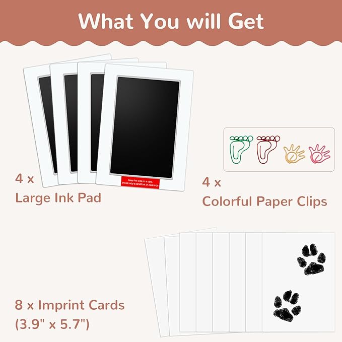 6" x 4" Large Size Baby Inkless Handprint and Footprint Kit with 4 Ink Pads and 8 Imprint Cards by PChero, Ideal for Family Keepsake Newborn Registry Baby Shower Present (Ink Area: 4.9" x 3.14")