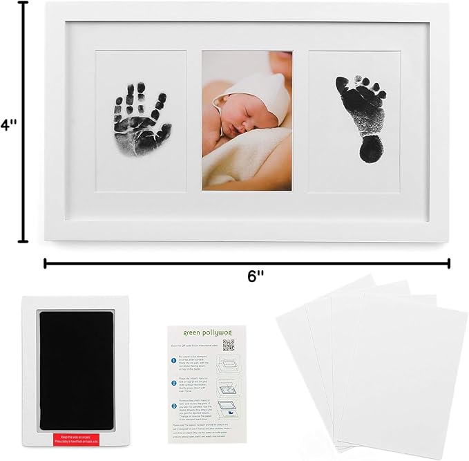 Green Pollywog Baby Handprint and Footprint Kit | Elegant White Frame with Inkless, Non-Toxic Pad | Newborn Keepsake for Baby or Dog Paw Prints