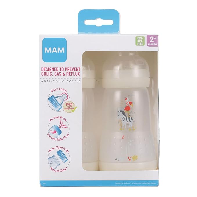 MAM Easy Start Anti-Colic Baby Bottle 9 oz, Medium Flow, Breastfeeding-Like Silicone Nipple Bottle, Reduces Colic, Gas, & Reflux, Easy-to-Clean, BPA-Free, Vented Baby Bottles for Newborns, 2+ Months