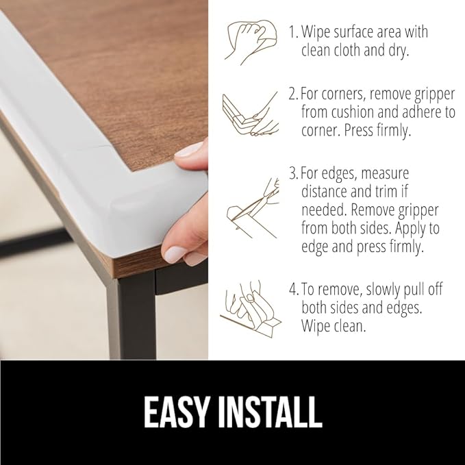 GORILLA GRIP Baby Proof Corners and Edges for Furniture, Kid Proofing Adhesive Table Corner Protectors, Heavy Duty Soft Rubber Foam Protection, Includes 8 Protective Safety Guards, 10 Feet, Off White