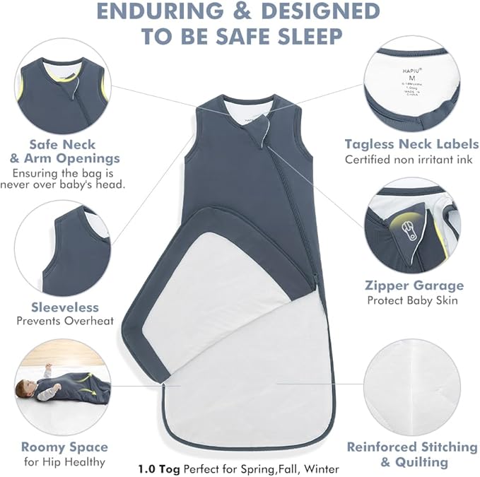 HAPIU Unisex Rayon Made from Bamboo Baby Sleep Sack TOG 1.0, 2-Way Zipper YKK, Wearable Blanket Baby