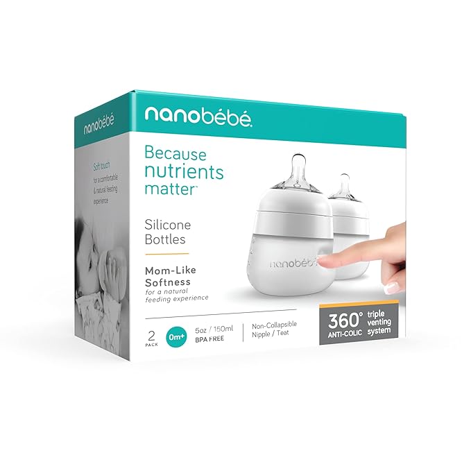 Nanobebe Flexy Silicone Baby Bottle, Anti-Colic, Natural Feel, Non-Collapsing Nipple, Non-Tip Stable Base, Easy to Clean 2-Pack, White, 5 oz