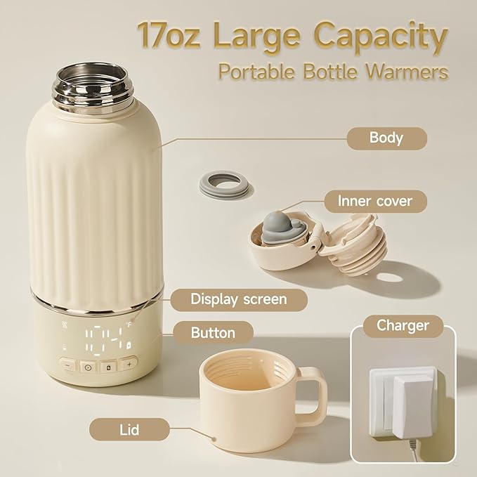 Snow Bear Portable Bottle Warmer for Travel, Fast Heating in 2.5 Mins for Breast Milk, 10200mAh Battery with LED Display, 17oz Large Capacity, Baby Bottle Warmer with Precise Temperature Control