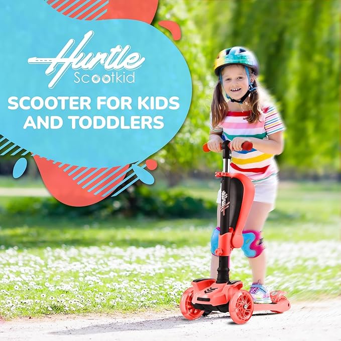 Hurtle 3-Wheeled Scooter for Kids - Wheel LED Lights, Adjustable Lean-to-Steer Handlebar, and Foldable Seat - Sit or Stand Ride with Brake for Boys and Girls Ages 1-14 Years Old