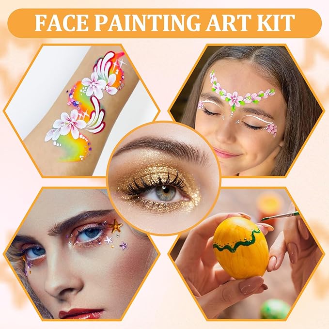 42 Color Face Painting Kit for Kids-Non Toxic Water Activated Face Paint Palette with 16 Crayons,6 Reusable & 63 Sticky Stencils,Brushes,Gems.Ideal Choice for Carnival,Halloween,Parties,Makeup etc.