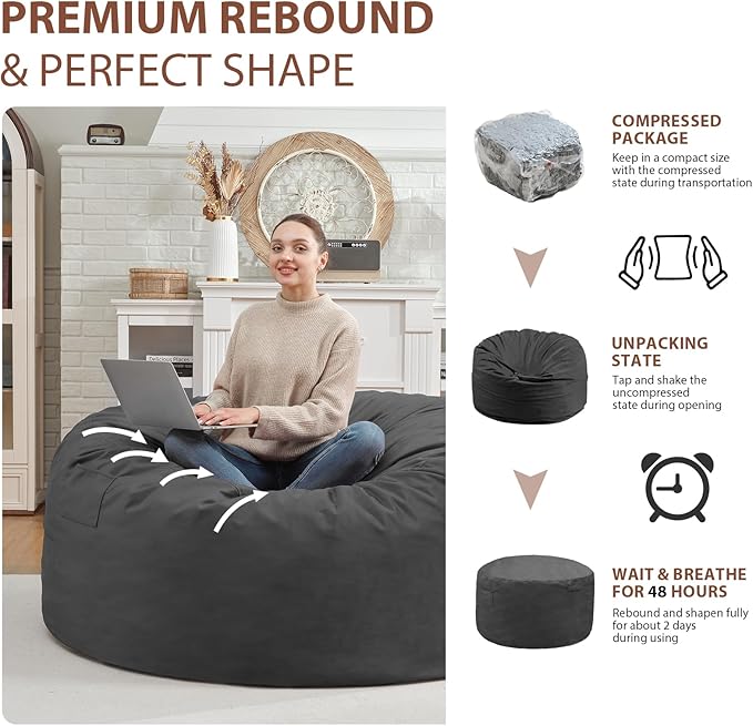 3FT Bean Bag Chair, Comfy Bean Bag Chairs with Memory Foam Filled, Fluffy Beanbag Sofa with Dutch Velvet Cover, Round BeanBag Chairs for Living Room, Playroom- Grey