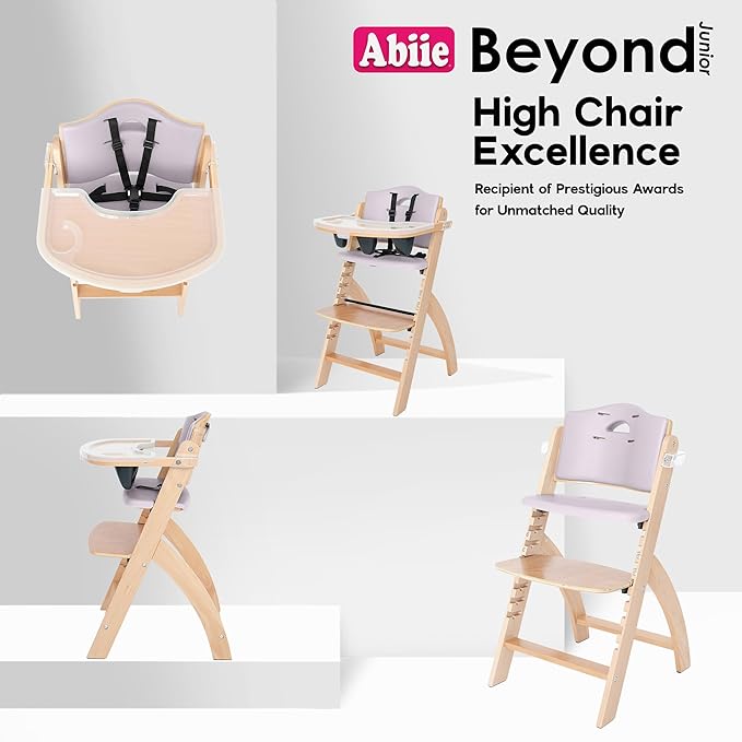 Abiie Beyond Junior Wooden High Chair with Tray - Adjustable and Convertible High Chair for Babies and Toddlers - 6 Months to 250 Lb - Water Resistant - Natural Wood with Lilac Cushion