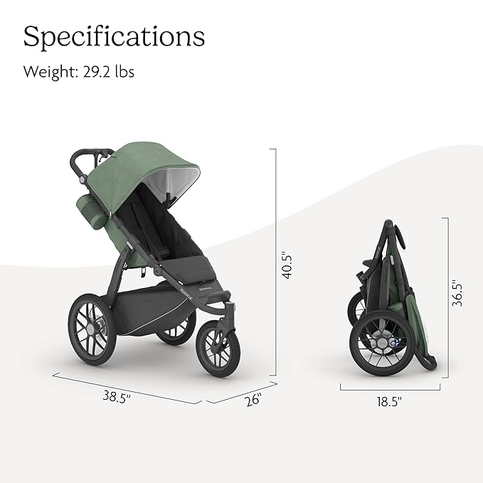 UPPAbaby Ridge Jogging Stroller/Durable Performance Jogger with Never-Flat Tires/Built for Walking, Running, Hiking/Water Bottle Holder & Basket Cover Included/Gwen (Green Mélange/Carbon Frame)