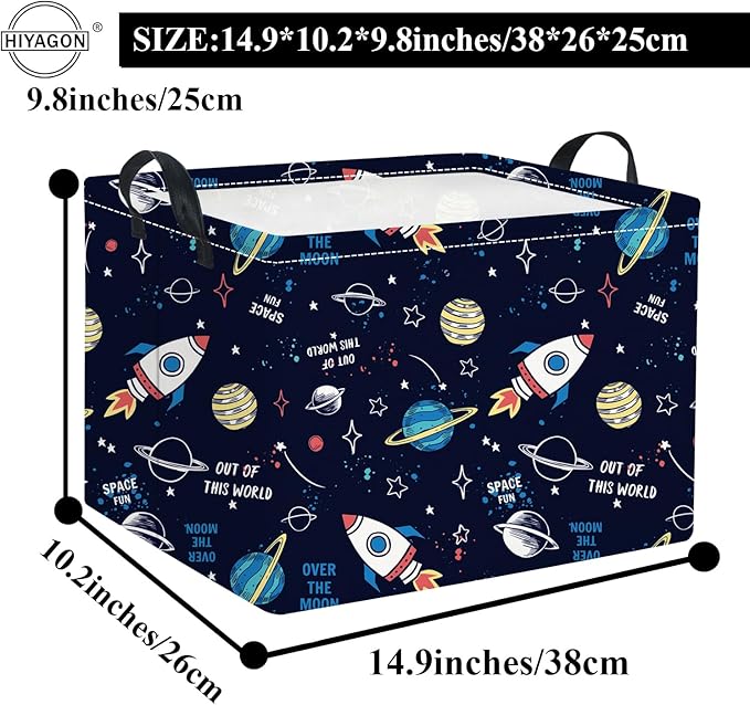 HIYAGON Rectangular Space Basket for Boys Baby Storage Basket Storage Bin Organizer Box Room Decor(Rocket Planet)