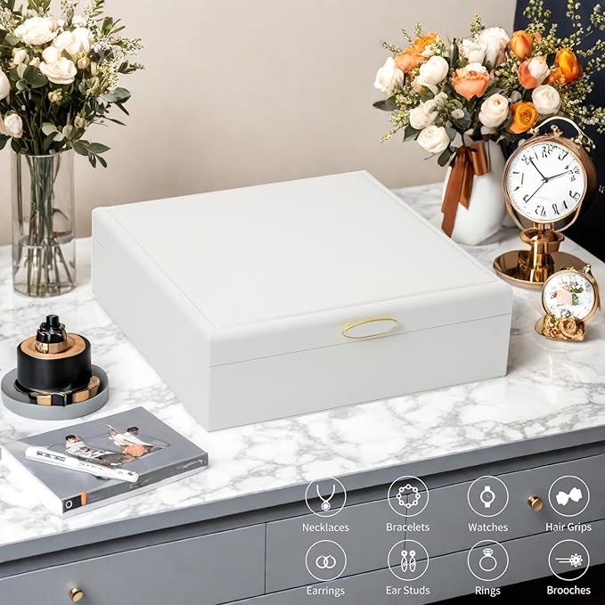 Jewelry Box Organizer for Women,White 2 Layer jewelry Stoarge Case,Built in Necklace Hook and Detachable Jewelry Tray,Indoor Jewelry Display Box