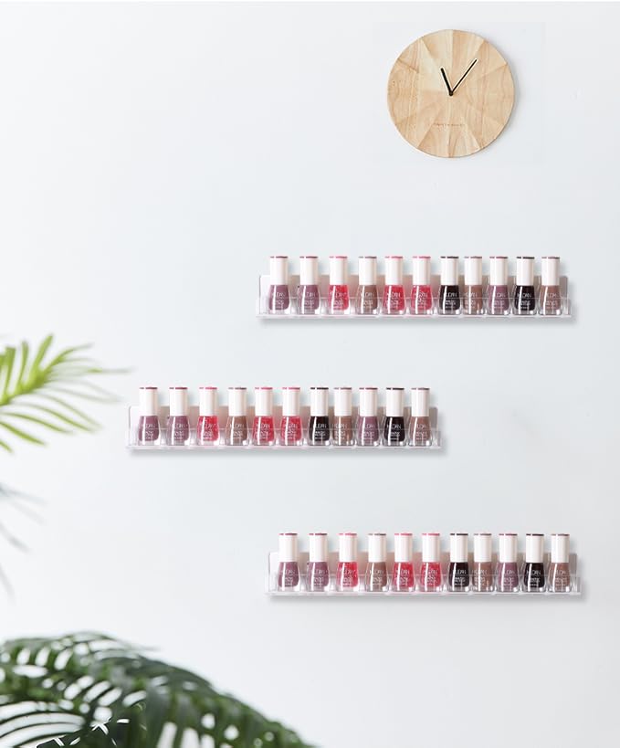 IEEK Nail Polish Rack Wall Mounted Shelf 2 Pack,Clear Kids Wall Bookshelf Acrylic Nail Polish Holder with Removable Anti-Slip End Inserts,2 Tiers Floating Polish Organizer Display 30 Bottles
