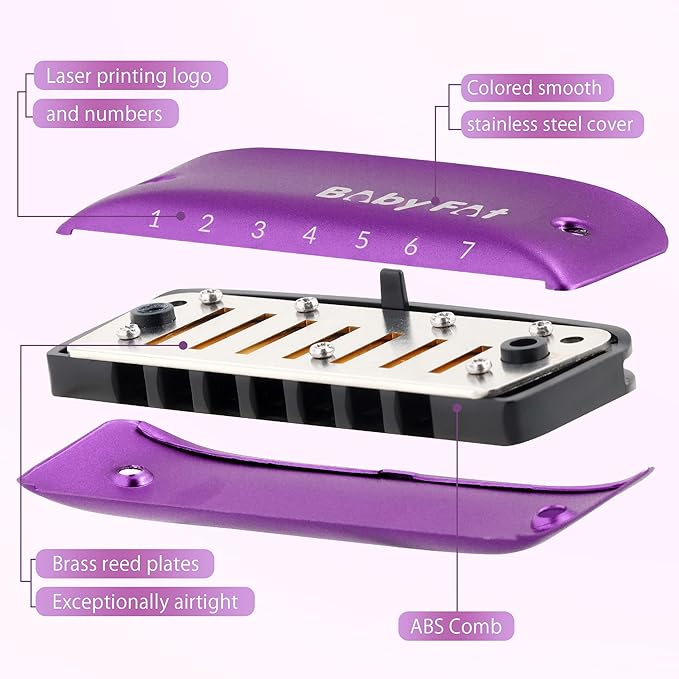 KONGSHNEG BabyFat 7 Hole Blues Mini Harmonica Set,Diatonic Harmonica with free lanyards,Gifts for Professional Players and Beginners,Easy-playing Musical Instrument(Key of Bb)