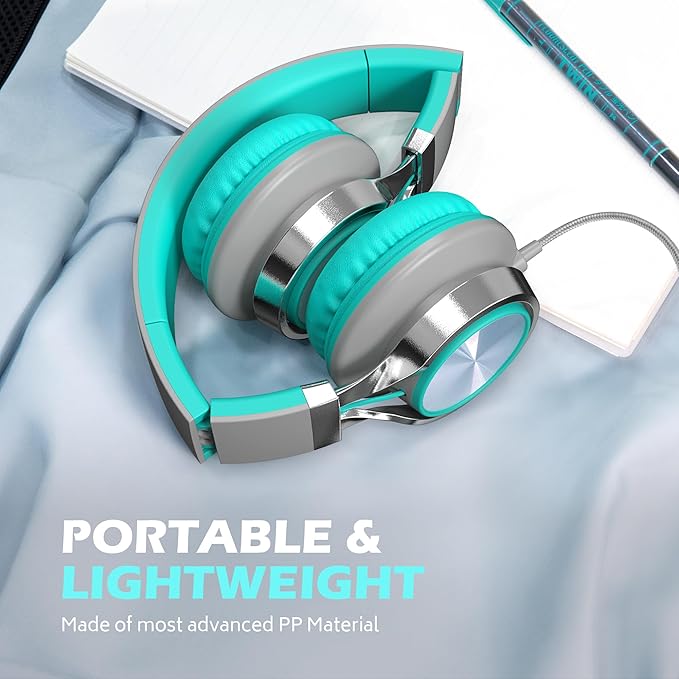 AILIHEN C8 Wired Headphones with Microphone and Volume Control Folding Lightweight Corded Headset for Cellphones Tablets Chromebook Phones Smartphones Laptop Computer PC Mp3/4 (Grey/Mint)