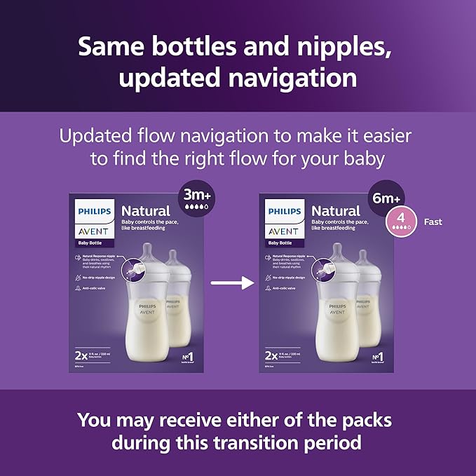 Philips Avent Natural Baby Bottles with Natural Response Nipples (Fast Flow, Flow 4), 11oz, 2-Pack, SCY906/02