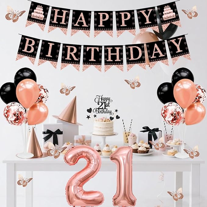 21st Birthday Decorations for Girls Women - 56pcs Rose Gold Happy 21st Banner, 21st Birthday Crown Sash, Cake Topper, Number 21 balloons, 3D Butterflies, 4 Balloon Stands kits