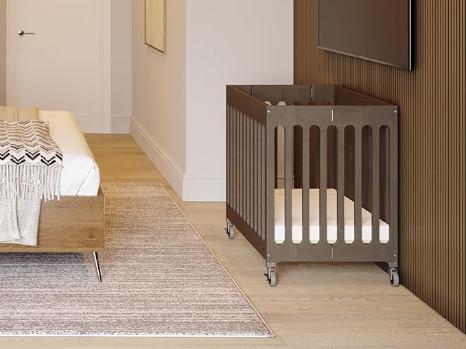Foundations Boutique Folding Mini Baby Crib - Compact, Portable, Wooden Hotel Crib, Foldable Compact Cribs for Baby & Toddlers - Includes 3" Foam Mattress - Dapper Gray