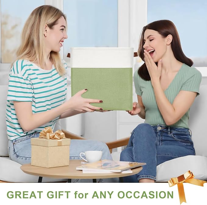 13x13 Cube Storage Bins, Collapsible Fabric Storage Box, 4 Pack Closet Baskets with Handles for Organizing, Shelf, Toys, Clothes, Home, Office, Nursery (Green&White)