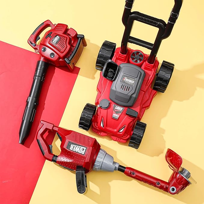 3 Pcs Toy Gardening Tool Set for Kids Toy Leaf Blower Weed Trimmer Push Lawn Mower Pretend Play Set with Lights and Sounds Christmas Birthday Gifts for Boys Girls