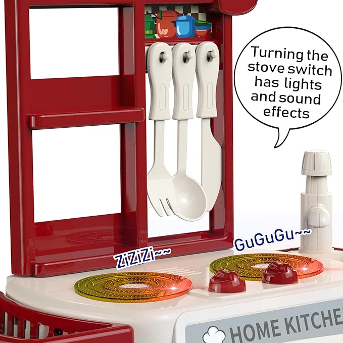 Kitchen Set for Toddler with Sound and Light,Pretend Cooking Food Set,Kids Kitchen Playset,Play Sink with Running Water and Electronic Induction Stove,Kitchen Accessories (red Kitchen and More Food)