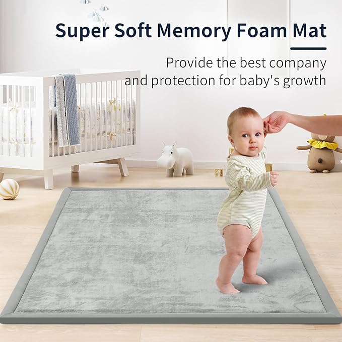 ACOMOPACK Baby Play Mat for Floor 1.3" Thick Memory Foam Play Mat 39"×59" Tummy Time Crawling with Non-Slip Bottom for Living Room,Nursery,Soft Velvet Playpen Mats for Kids,Infants(Light Grey)