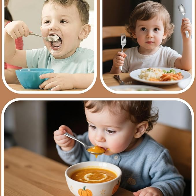 HAKSEN Stainless Steel Toddler Utensils Set, 12PCS Kids Safe Forks and Spoons with Bunny and Puppy Motifs, Mirror Polished & Dishwasher Safe