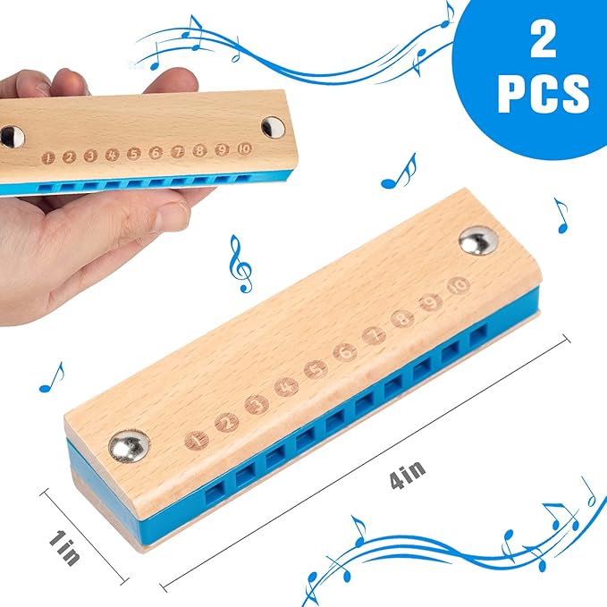Koogel 2PCS Kids Harmonica, 10 Hole Wooden Beginner Mouth Organ Toy Musical Instruments for Kids Adults Birthday Gifts