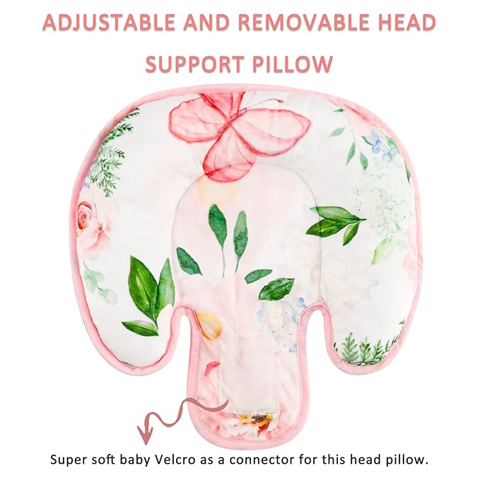 2 in 1 Infant Car Seat Insert, Adjustable Car Seat Head Support Baby Girls Boys, Soft Newborn Carseat Insert Cushion, Perfect for Carseats, Strollers, Swings (Pink Flower)