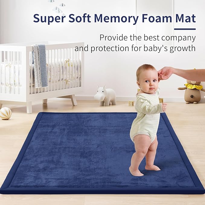 ACOMOPACK Baby Play Mat for Floor 1.3" Thick Memory Foam Play Mat 71"×79" Tummy Time Crawling with Non-Slip Bottom for Living Room,Nursery,Soft Velvet Playpen Mats for Kids,Infants(Royal Blue)