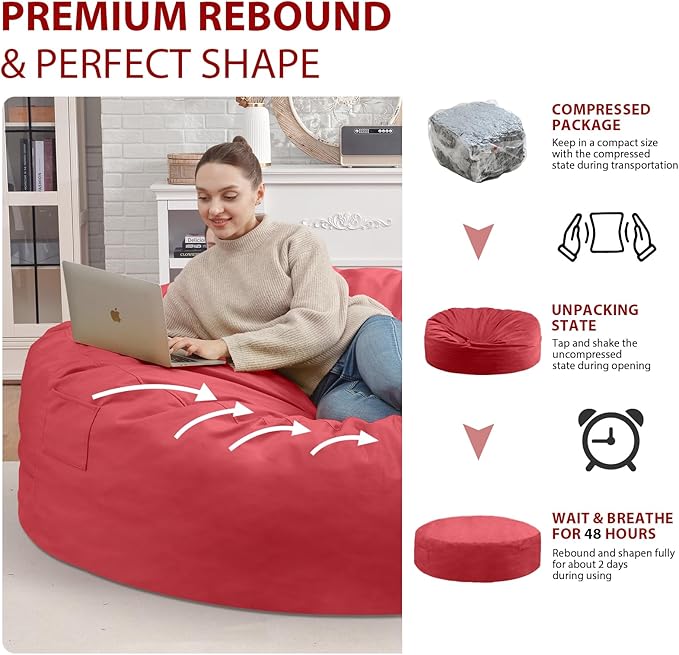 7FT Bean Bag Chair, Large Bean Bag Chairs with Memory Foam Filled, Fluffy Beanbag Sofa with Dutch Velvet Cover, Round BeanBag Chairs for Living Room, Playroom - Red