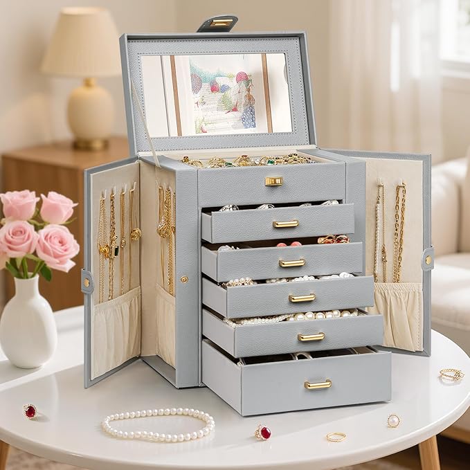 AKOZLIN 6-Tier Jewelry Box Organizer Functional 5 Drawers Leather Jewelry Storage Case for Women Girls Ring Necklace Earring Bracelet Holder Organizer with Mirror Grey