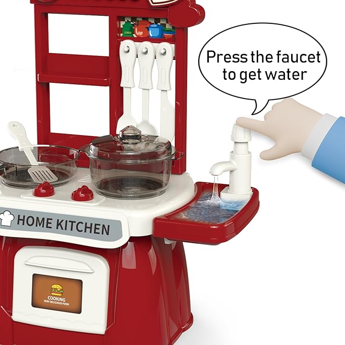Kitchen Set for Toddler with Sound and Light,Pretend Cooking Food Set,Kids Kitchen Playset,Play Sink with Running Water and Electronic Induction Stove,Kitchen Accessories (red Kitchen and More Food)