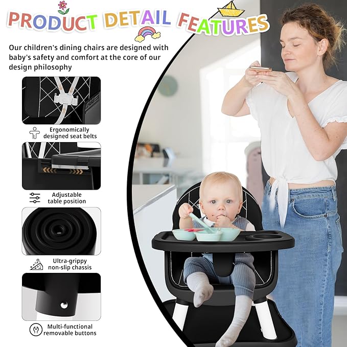 6 in 1 Baby High Chair for Babies and Toddlers, Booster Seat, Kids Learning Table & Chair (Black)