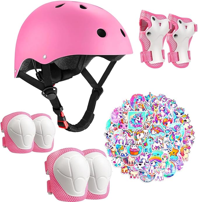 Kids Bike Helmet with Knee Elbow Wrist Pads Guards,Pink,for Ages 2-3-5-8-14,Sports Bicycle,Skate Scooter,Rollerblading with Unicorn Sticker