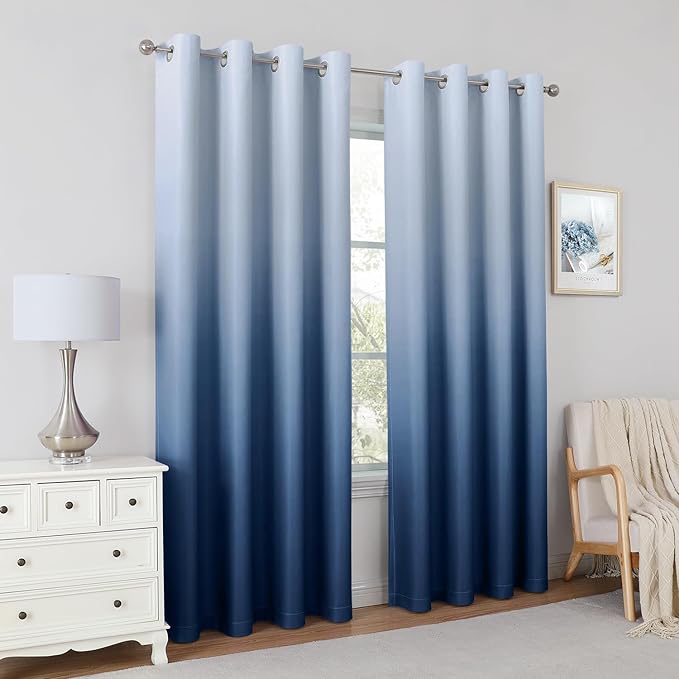 HOMEIDEAS Navy Blue Ombre Blackout Curtains 52 X 84 Inch Length Gradient Room Darkening Thermal Insulated Energy Saving Grommet 2 Panels Window Drapes for Living Room, Bedroom