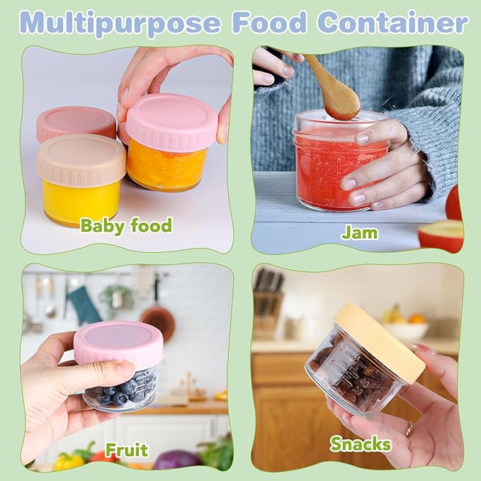 8 Pack Glass Baby Food Storage Containers, 4 oz Leakproof Baby Food Jars with Lids, Small Glass Food Containers for Infant Baby, Freezer Safe