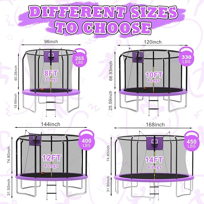 8FT 10FT 12FT 14FT Outdoor Trampoline with Basketball Hoop and LED Lights, ASTM Approved Recreational Trampolines for Kids and Adults with Net and Ladder