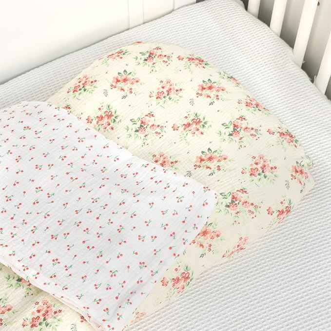 Hooyax Baby Lounger Cover 2 Pack - 100% Muslin Cotton Newborn Lounger Pillow Covers Only, Soft Breathable Infant Lounger Cover with Reinforced Stitching, Fits Most Standard Baby Loungers (Floral)