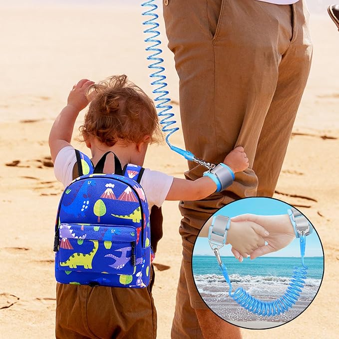 Accmor Toddler Backpack Leash with Anti Lost Wrist Link, Cute Mini Child Walking Harnesses Keep Kids Close Back Pack Rope Tether Rein for Baby Boys (Blue/Dino)