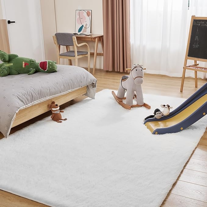 6x9 White Area Rugs for Living Room, Fluffy Shaggy Rug for Bedroom, Anti-Skid High Pile Indoor Carpet for Nursery, Kids Room, Bedside, Home Decor