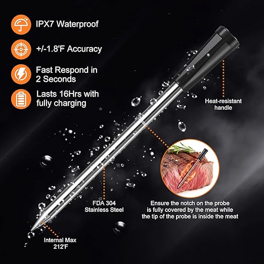 INSMART Wireless Smart Meat Thermometer,330FT Bluetooth Range,100% Waterproof,Precision Cooking Grilling,Multi Sensors,for BBQ,Oven,Grill,Kitchen,Smoker, Rotisserie Turkey Beef/iOS & Android App