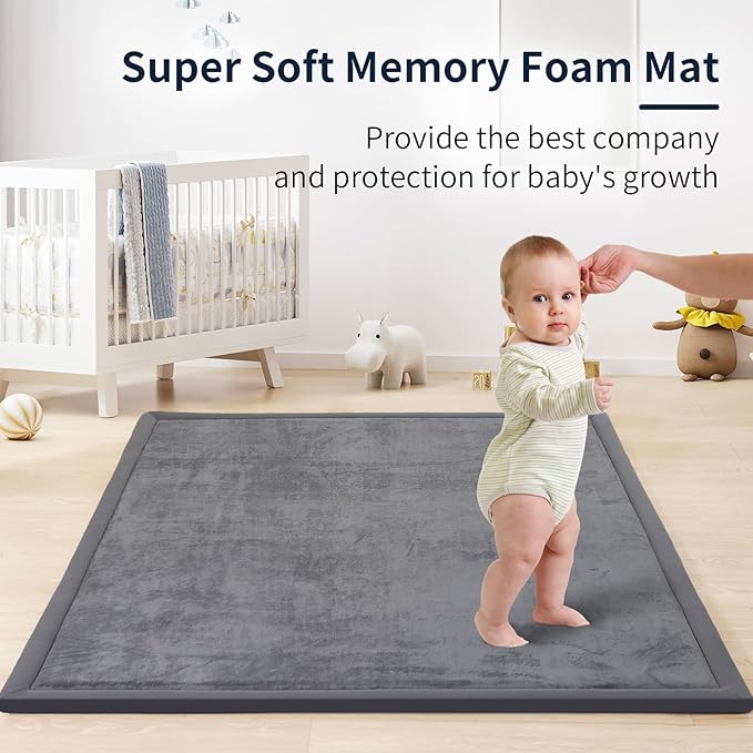 ACOMOPACK Baby Play Mat for Floor 1.3" Thick Memory Foam Play Mat 39"×59" Tummy Time Crawling with Non-Slip Bottom for Living Room,Nursery,Soft Velvet Playpen Mats for Kids,Infants(Dark Grey)
