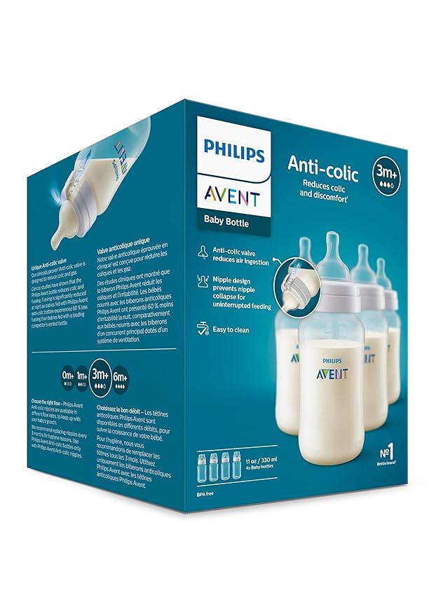 Philips Avent Anti-Colic Baby Bottles, 11oz, with Flow 3 Nipples, 3m+, 4pk, Clear, SCY106/04