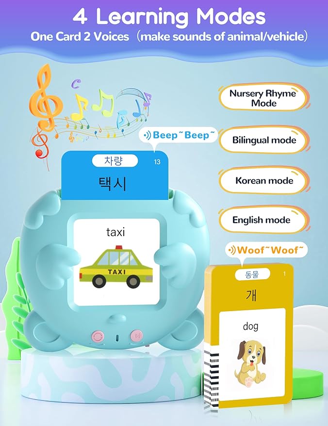 Korean and English Talking Flash Cards for Toddlers, 510 Sight Words Bilingual Learning Toys for Children, Autism Pocket Speech Therapy Toys, Korean Vocabulary Educational Flashcards