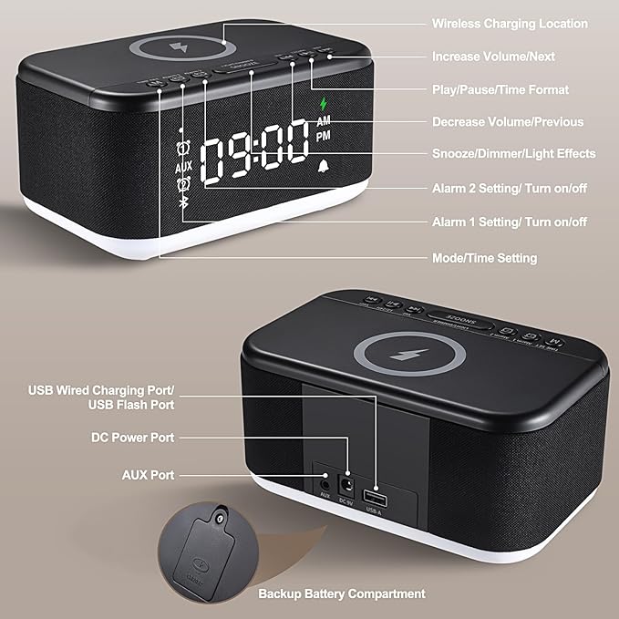 Alarm Clock Speaker Wireless Charger, Digital Alarm Clocks Bedrooms Bluetooth, Alarm Clock Dimmable Light Bedrooms Dual Alarm Snooze Dimmer 12 24H RGB Night Light Bluetooth USB AUX, Black