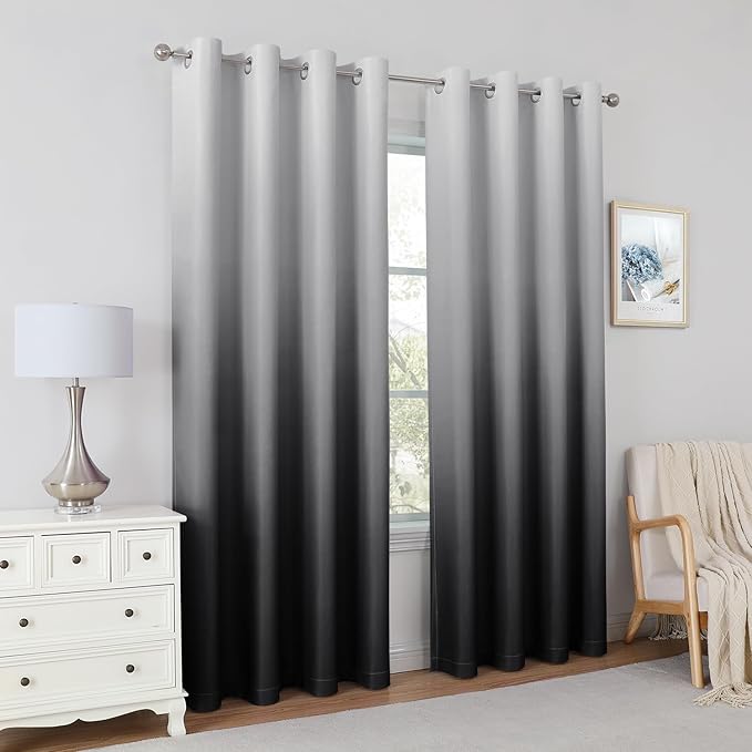 HOMEIDEAS Black Ombre Blackout Curtains 52 X 96 Inch Length Gradient Room Darkening Thermal Insulated Energy Saving Grommet 2 Panels Window Drapes for Living Room, Bedroom